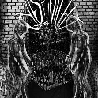 spectral figures hold a cage in front of a brick wall, with an opening in it to the stars