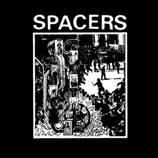 a drawing in black and white of people, a riot, police, a machine, an infernal machine